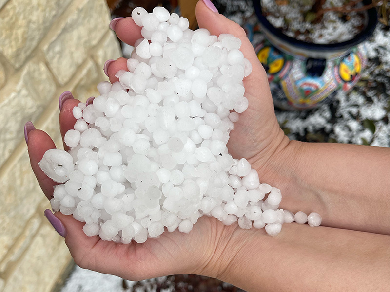 Small hailstones held in hands after a hailstorm