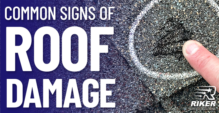 A close-up of a person’s finger pointing to hail damage on an asphalt shingle. Text reads 'Common Signs of Roof Damage' in bold white letters.