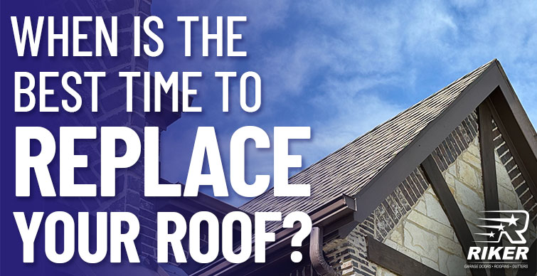 Roof with dark shingles and stone facade beneath a clear sky, showing typical features of residential roofing. Bold white text reads 'When is the best time to replace your roof?'