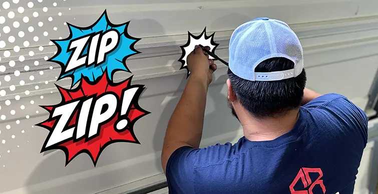 A Riker Home Services garage door technician using a power tool on a garage door, with comic-style text reading 'ZIP ZIP!' to illustrate speed and efficiency.