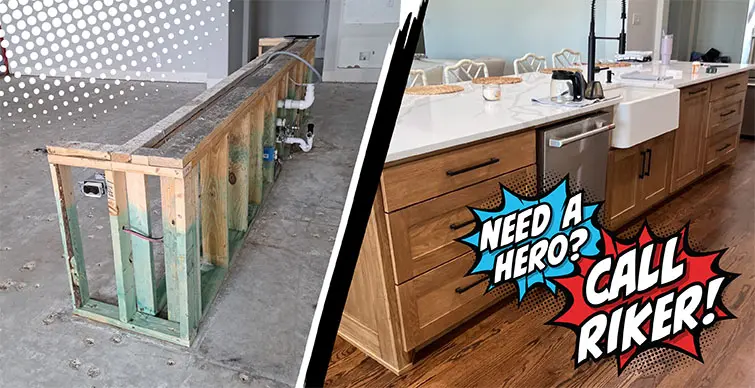 Before-and-after comparison of a kitchen renovation. The left side shows an unfinished kitchen island frame, while the right side shows the completed island with wooden cabinets, a white countertop, and a farmhouse sink.