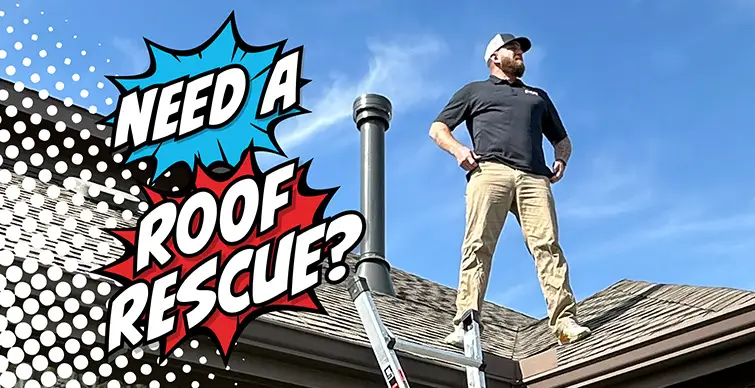 A Riker Home Services roofing contractor standing confidently on a rooftop near a chimney with a ladder nearby. Comic-style text reads 'Need a roof rescue?' emphasizing roof repair services.