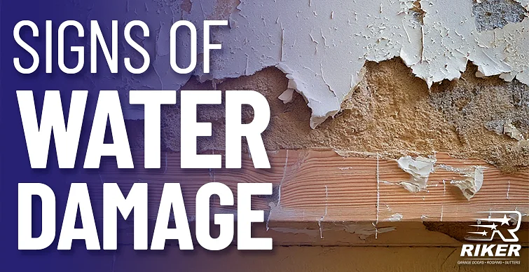 Peeling and damaged wall paint revealing water-stained wood, showing typical signs of water damage beneath the surface. Text reads 'Signs of Water Damage' in bold white letters.