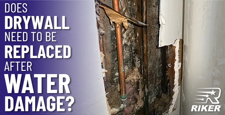 Wall cavity with copper pipes surrounded by severe water damage and mold growth, illustrating common signs of water-damaged drywall. Bold white text reads, 'Does drywall need to be replaced after water damage?