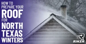 A house roof covered in snow during a heavy winter storm, with snow blowing off the shingles. The text on the left reads 'How to Prepare Your Roof for North Texas Winters.'