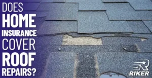 A damaged asphalt roof with missing shingles exposing the underlayment, accompanied by the text 'Does Home Insurance Cover Roof Repairs?'