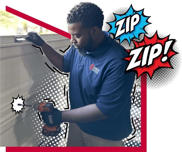 A Riker Home Services technician wearing a company-branded polo uses a power drill to repair a garage door, with comic-style ‘ZIP ZIP!’ text illustrating speed and efficiency.